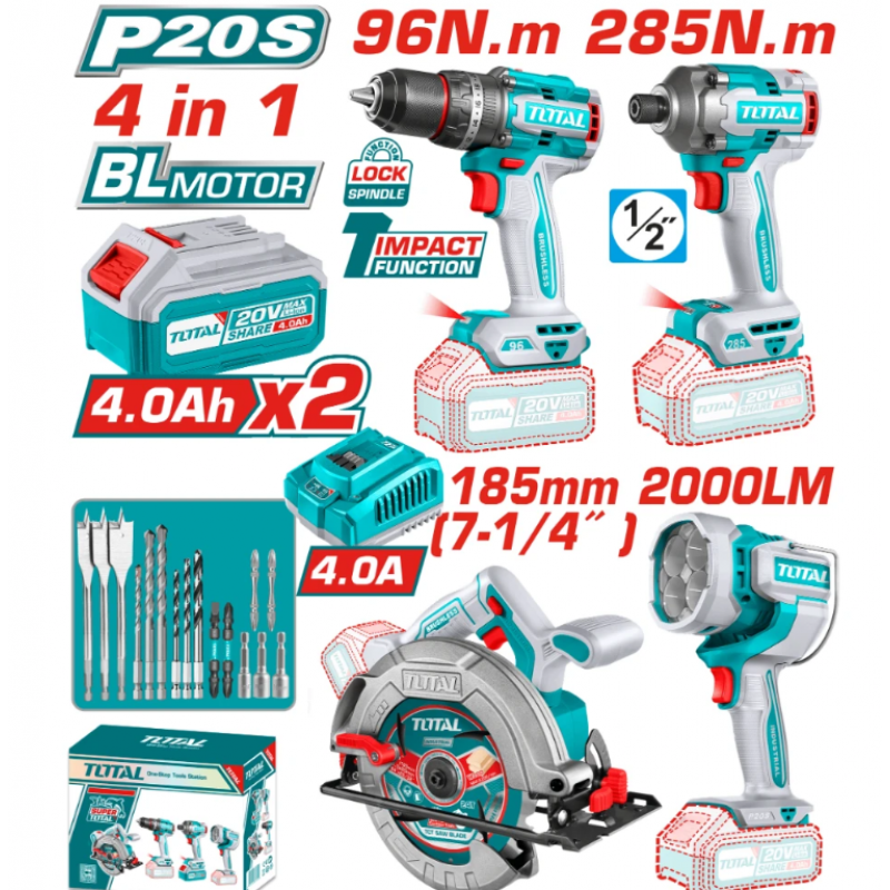 Σετ  Εργαλείων Μπαταρίας TOTAL TOSLI241297E, 20 V, 2 × 4 Ah