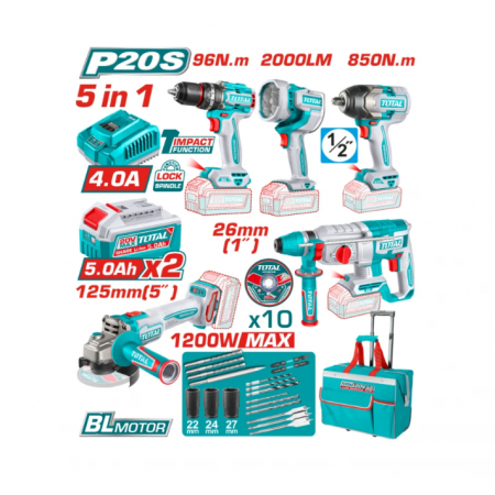 Σετ Εργαλείων Μπαταρίας TOTAL, 5 σε 1, 20 V, 2 × 5 Ah, TCKLI20596