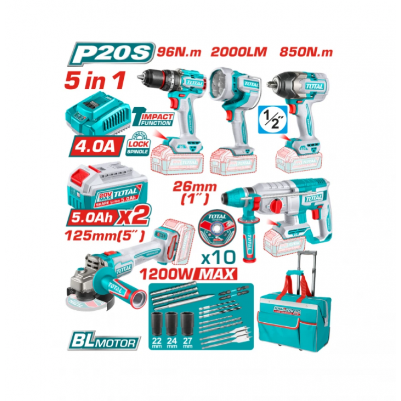 Σετ Εργαλείων Μπαταρίας TOTAL, 5 σε 1, 20 V, 2 × 5 Ah, TCKLI20596