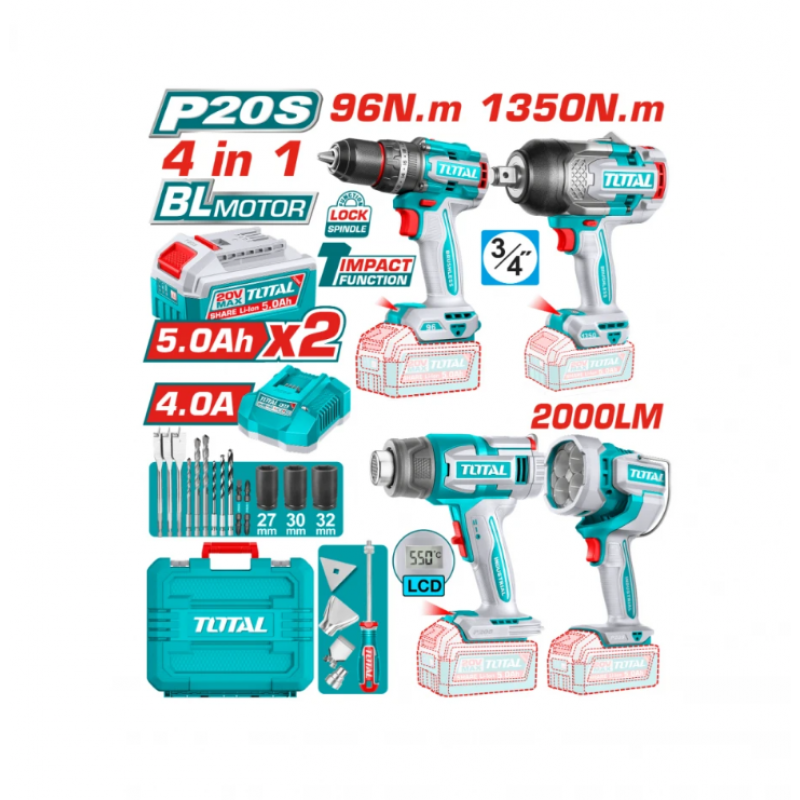 Σετ Εργαλείων Μπαταρίας TOTAL Industrial, 20 V, 2 × 5 Ah, TL IND TOSLI250608E