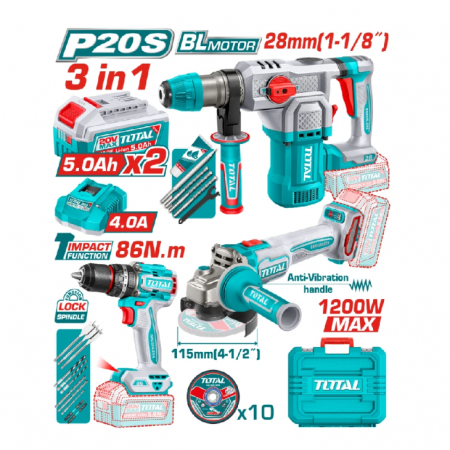 Σετ Εργαλείων Μπαταρίας TOTAL Industrial, 20 V, 2 × 5 Ah, με Βαλίτσα, TL IND TOSLI251195E